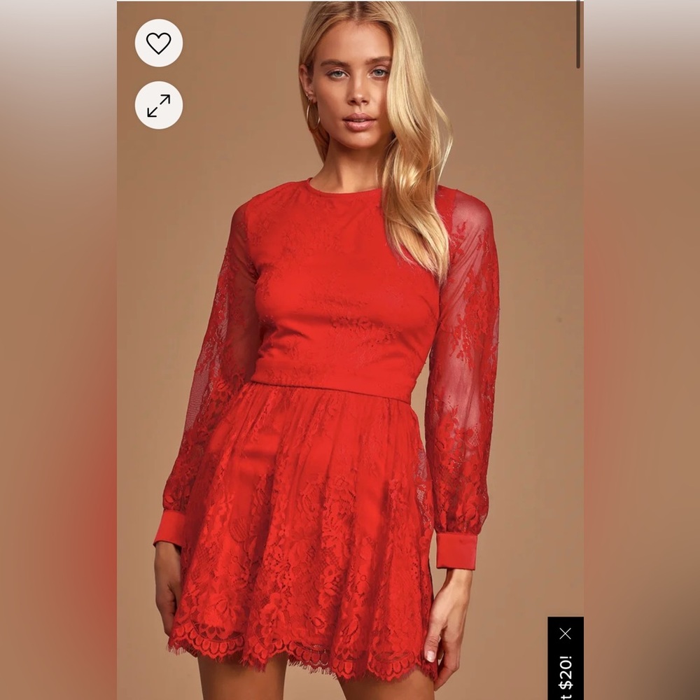 Women's Lulu's Red Holiday Party Dress Lace Long Sleeves Christmas Size M